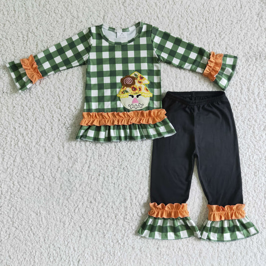 GLP0129 Scarecrow Embroidery Green Plaid Top Ruffle Pants Girls Fall Clothes Set