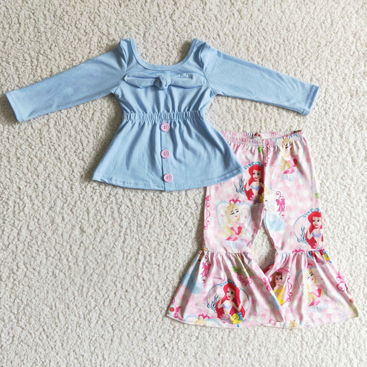 GLP0144 Blue Tunic Top Cartoon Princess Bell Pants Girls Clothes Set