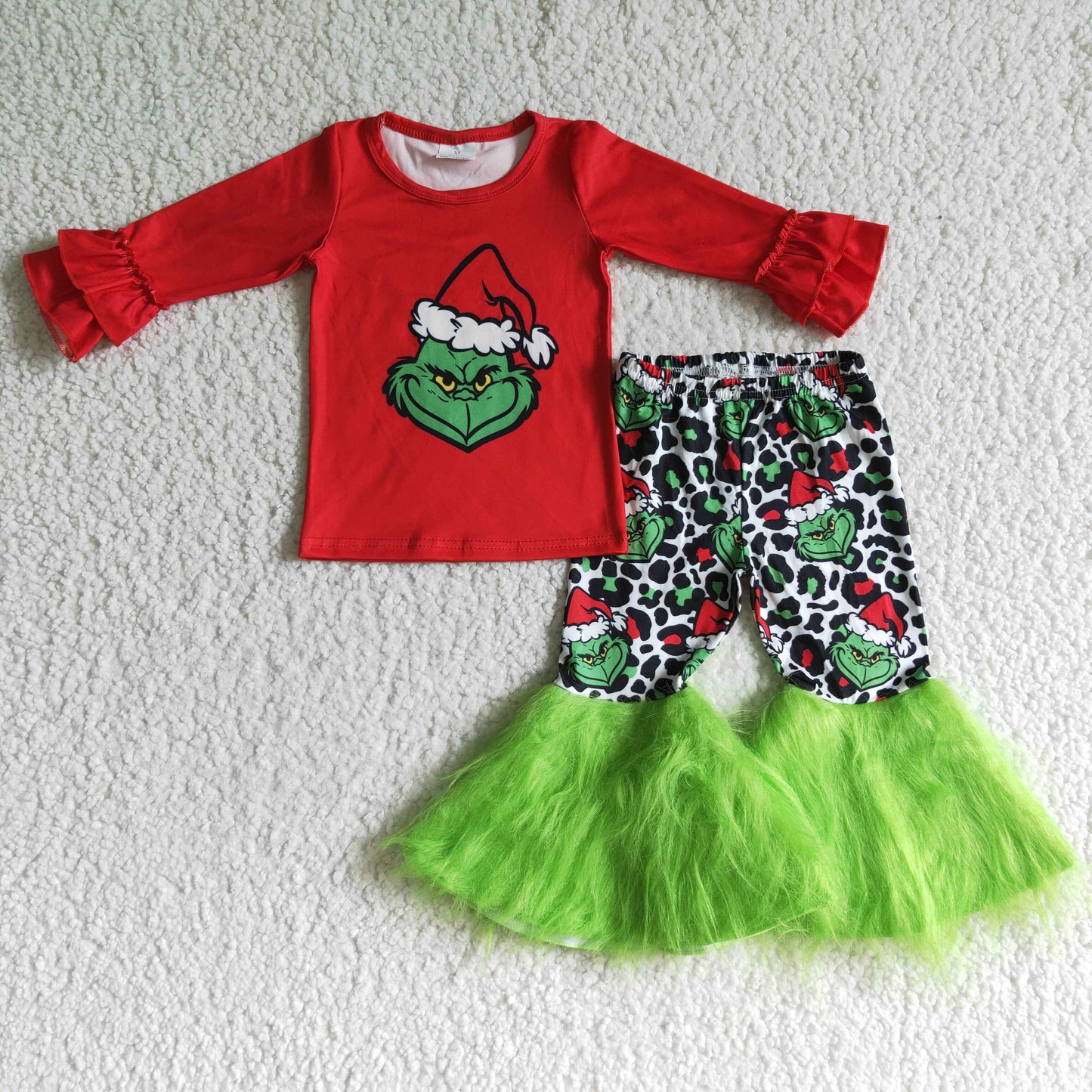 GLP0151 Green Frog Red Top Leopard Fur Bell Pants Girls Christmas Clothes Set