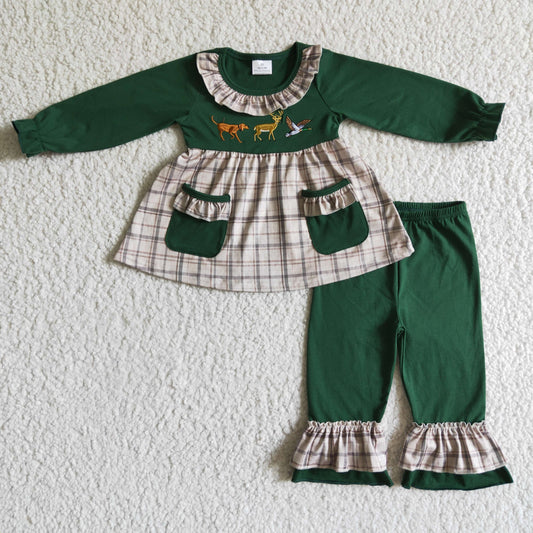 GLP0162 Dog Deer Duck Embroidery Pockets Tunic Top Ruffle Pants Girls Clothes Set