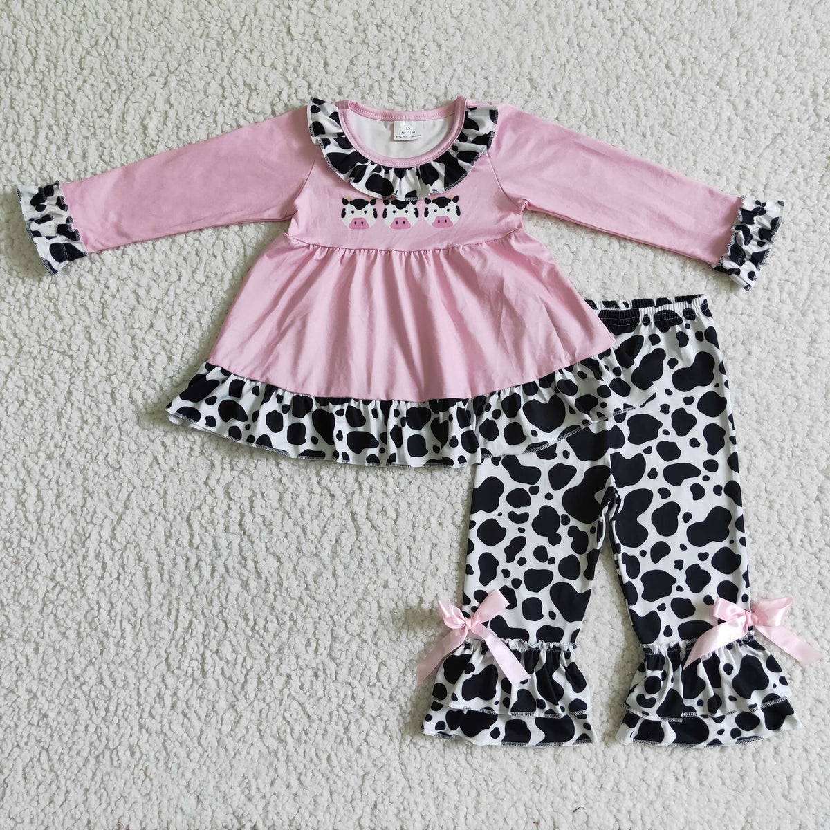 GLP0165 Pink Cow Tunic Top Ruffle Pants Girls Clothes Set