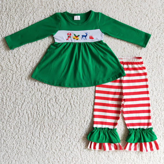 GLP0166 Candy Cane Deer Embroidery Green Tunic Top Stripes Pants Girls Christmas Clothes Set