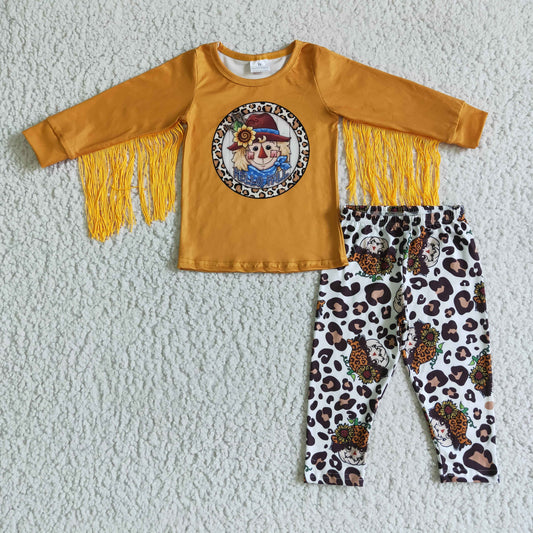 GLP0167 Sunflower Scarecrow Tassel Top Leopard Pants Girls Fall Clothes Set