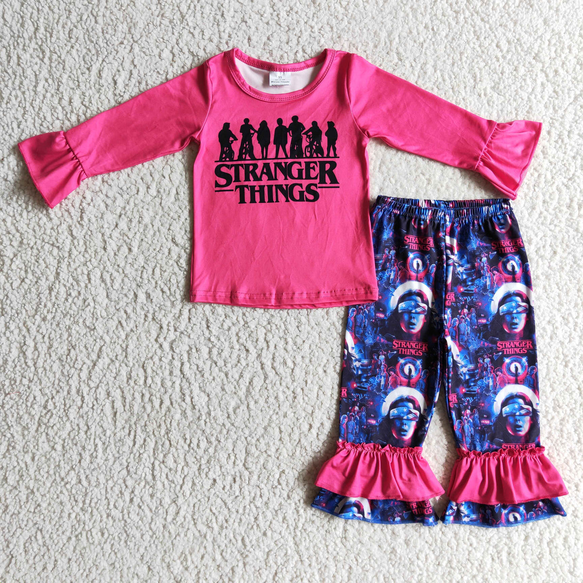 GLP0176 Cartoon STRANGER Hot Pink Top Ruffle Pants Girls Clothes Set