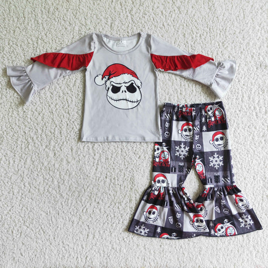 GLP0177 Nightmar* Smiling Grey Top Checkered Bell Pants Girls Christmas Clothes Set