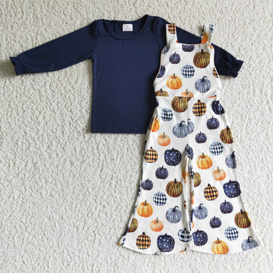 GLP0183 Navy Top Pumpkin Overall Jumpsuits Girls Fall Clothes Set
