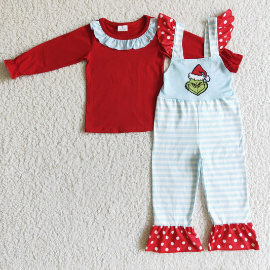 GLP0192 Red Top Green Frog Stripes Overall Jumpsuits Girls Christmas Clothes Set