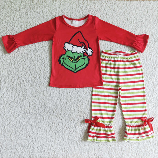 GLP0193 Green Frog Red Top Stripes Pants Girls Christmas Clothes Set
