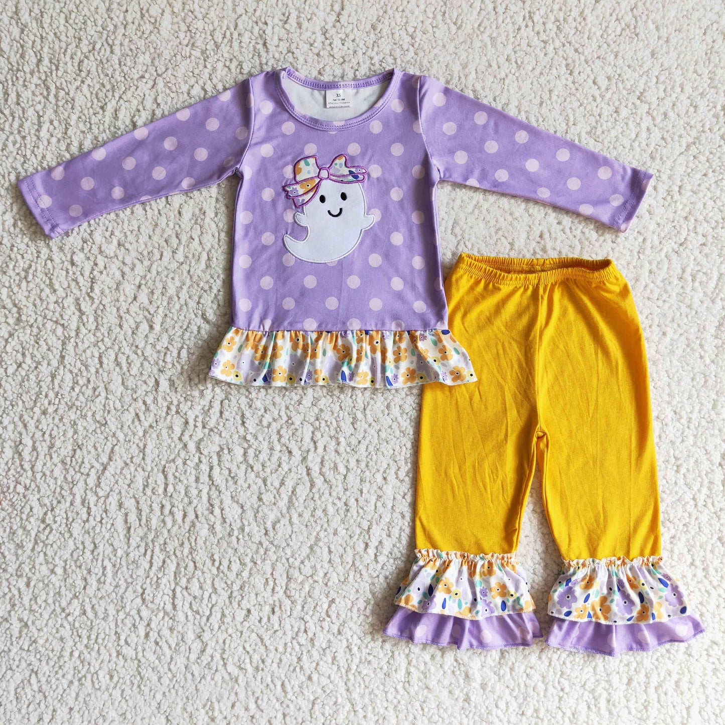 GLP0200 Ghost Embroidery Dots Top Ruffle Pants Girls Halloween Clothes Set