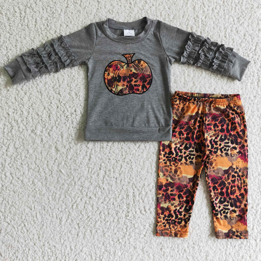 GLP0210 Pumpkin Embroidery Grey Ruffle Top Leopard Legging Pants Girls Fall Clothes Set