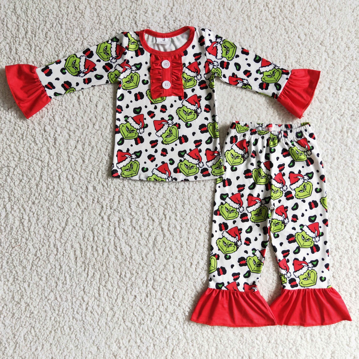 GLP0214 Green Frog Leopard Print Girls Christmas Pajamas Clothes Set