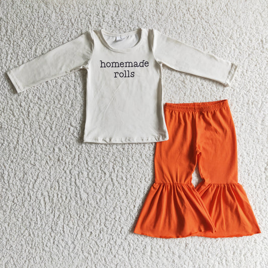 GLP0217 Homemade Rolls White Top Orange Bell Pants Girls Clothes Set