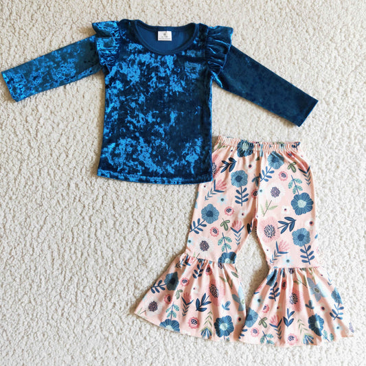 GLP0220 Blue Velvet Top Flowers Bell Pants Girls Clothes Set