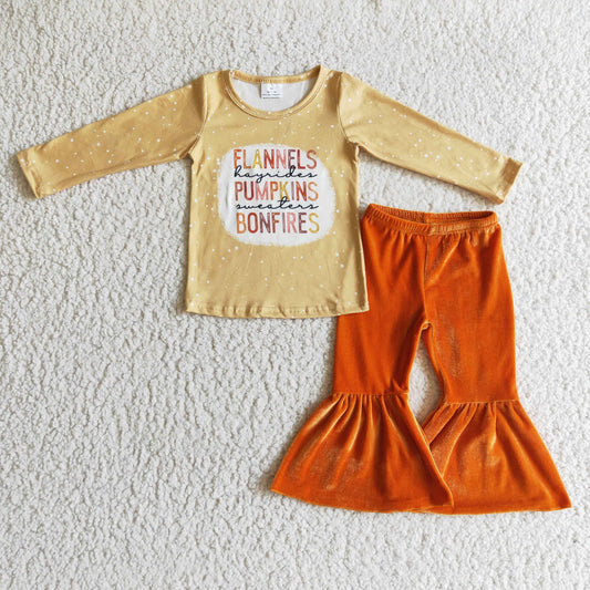 GLP0222 FLANNELS PUMPKINS BONFIRES Top Orange Velvet Bell Pants Girls Fall Clothes Set