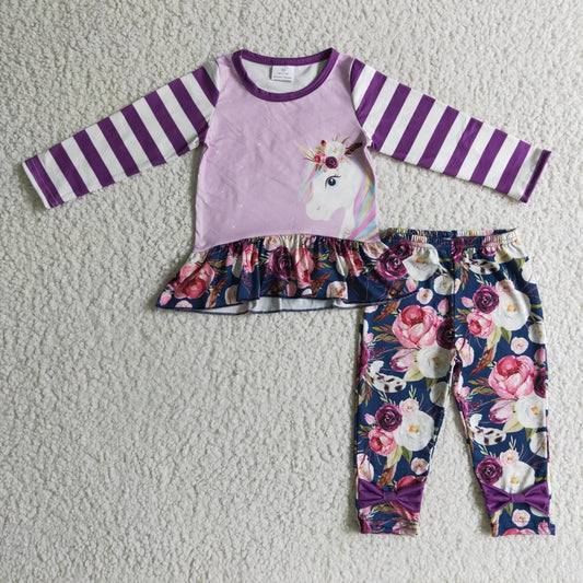GLP0223 Unicorn Stripes Top Flowers Legging Pants Girls Clothes Set