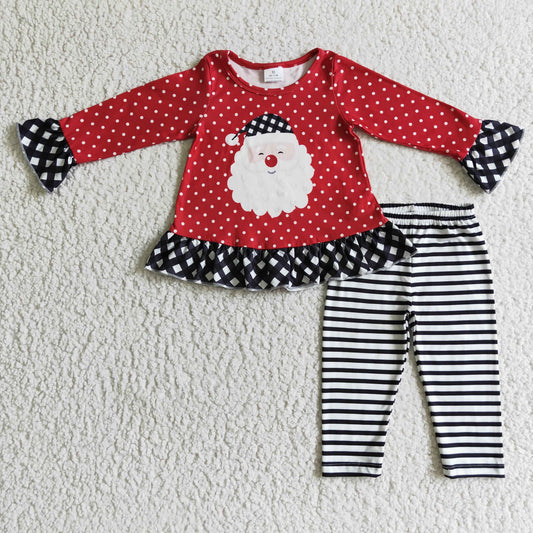 GLP0224 Santa Dots Ruffle Top Stripes Pants Girls Christmas Clothes Set
