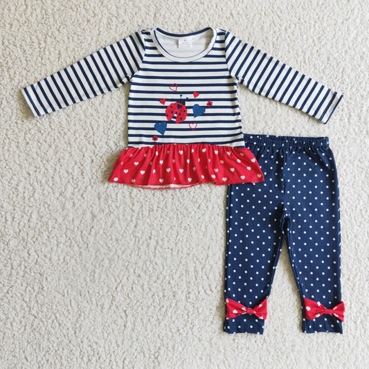 GLP0227 Ladybird Heats Stripes Top Dots Legging Pants Girls Valentine's Day Clothes Set