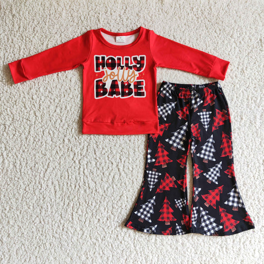 GLP0243 HOLLY JOLLY BABE Red Top Tree Bell Pants Girls Christmas Clothes Set