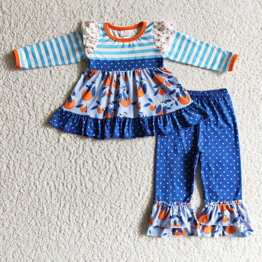 GLP0244 Orange Flowers Ruffle Tunic Top Dots Pants Girls Clothes Set