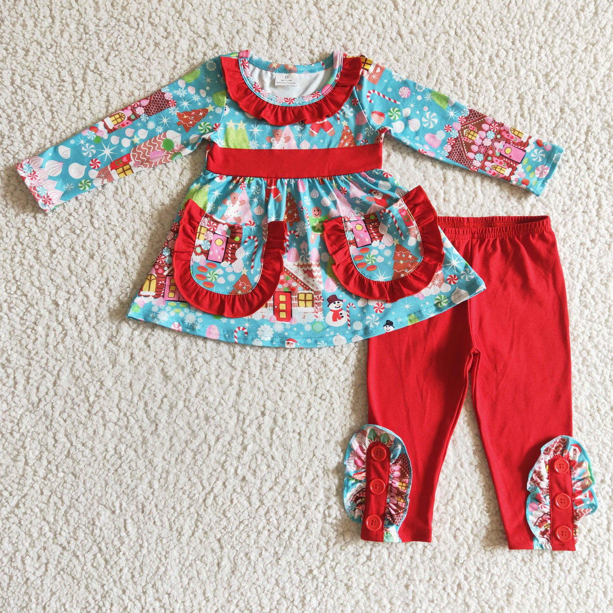 GLP0247 Candy House Pockets Tunic Top Red Pants Girls Christmas Clothes Set