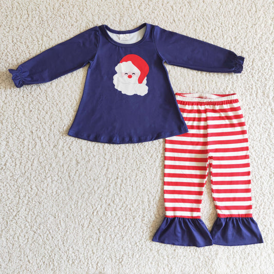 GLP0249 Santa Navy Top Stripes Pants Girls Christmas Clothes Set