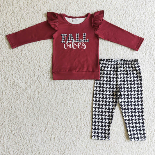 GLP0256 FALL Vibes Wine Top Plaid Legging Pants Girls Clothes Set