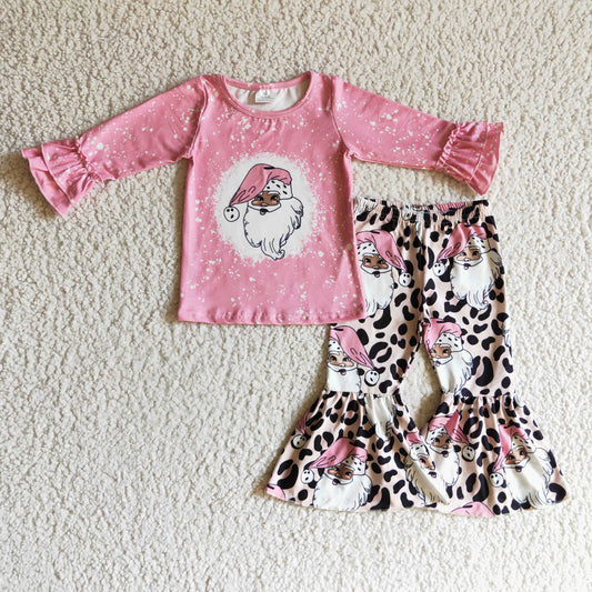 GLP0257 Santa Pink Top Leopard Bell Pants Girls Christmas Clothes Set