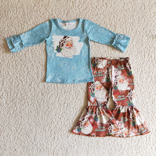 GLP0258 Santa Turquoise Holly Blue Top Bell Pants Girls Christmas Clothes Set