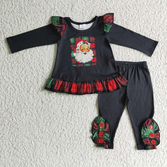 GLP0259 Santa Holly Checkered Ruffle Top Black Pants Girls Christmas Clothes Set
