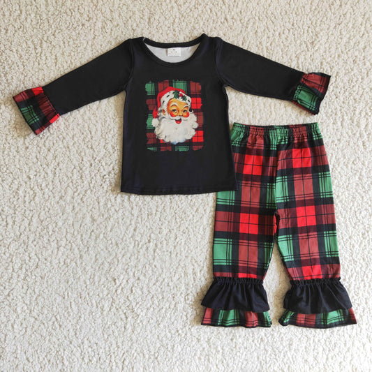 GLP0260 Santa Holly Checkered Ruffle Top Black Pants Girls Christmas Clothes Set