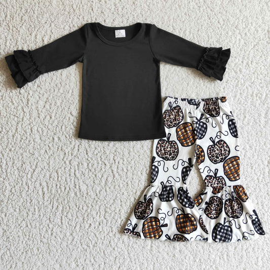 GLP0263 Black Top Pumpkin Bell Pants Girls Fall Clothes Set