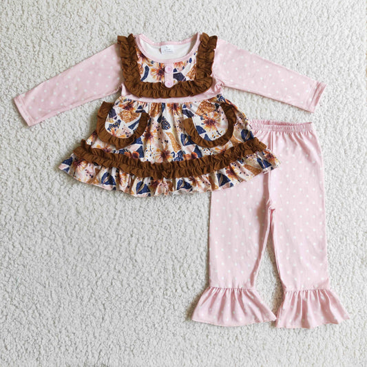 GLP0273 Flowers Pockets Tunic Top Pink Dots Pants Girls Clothes Set