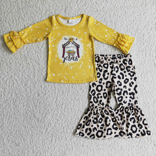 GLP0274 Nativity JESUS Yellow Top Leopard Bell Pants Girls Christmas Clothes Set