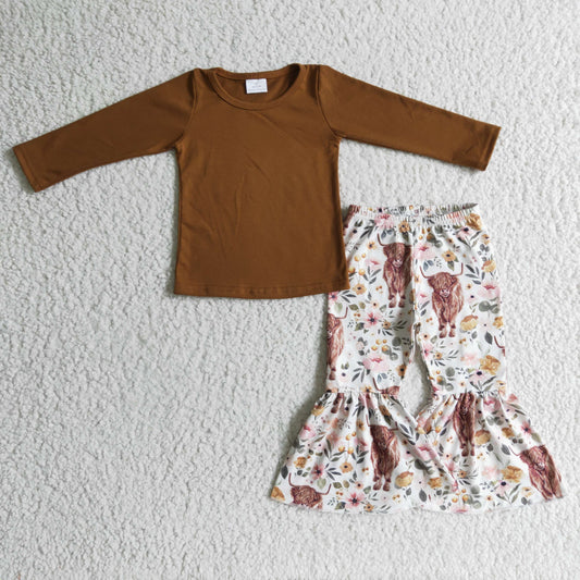 GLP0277 Brown Top Highland Cow Bell Pants Girls Clothes Set