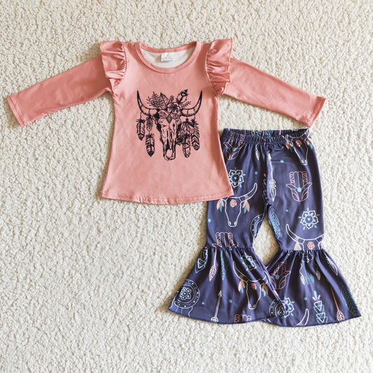 GLP0282 Cow Skull Pink Top Bell Pants Girls Clothes Set