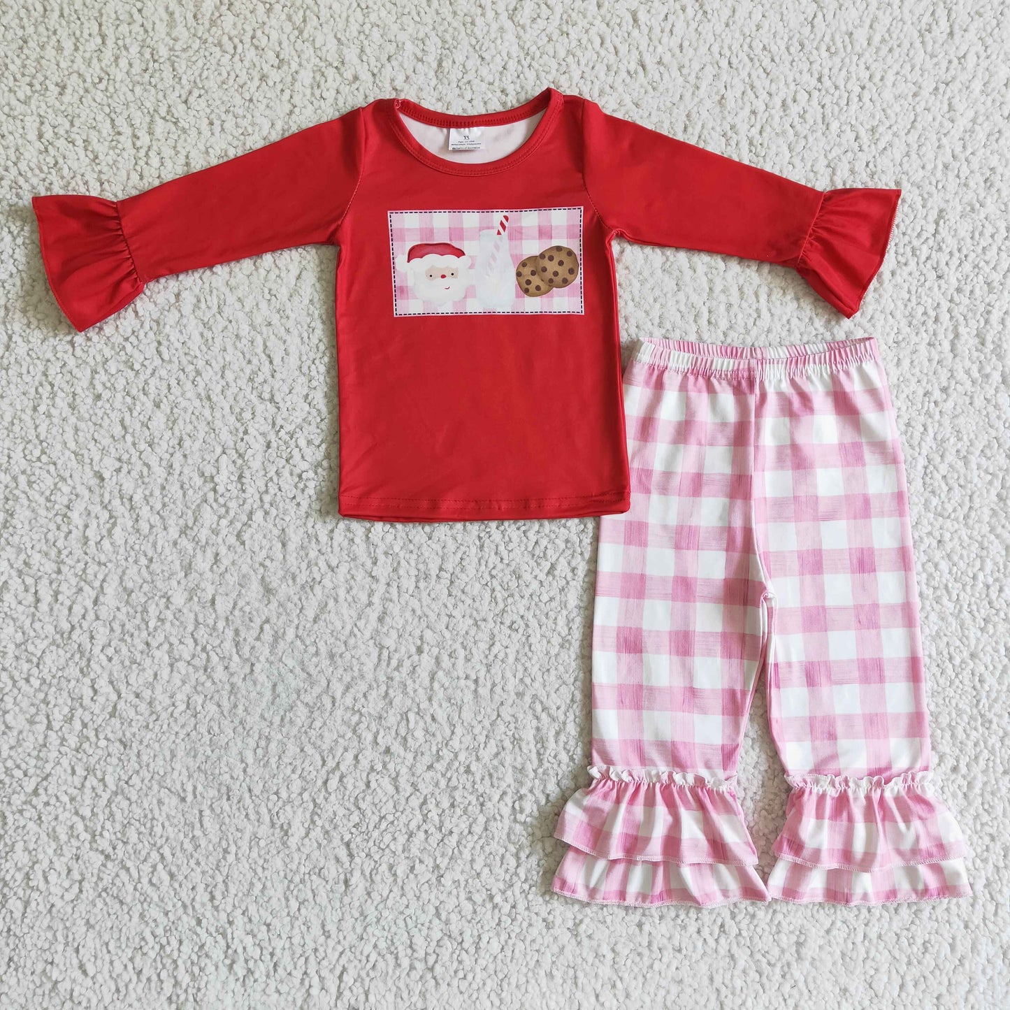 GLP0285 Santa Milk Cookies Red Top Pink Checkered Pants Girls Christmas Clothes Set