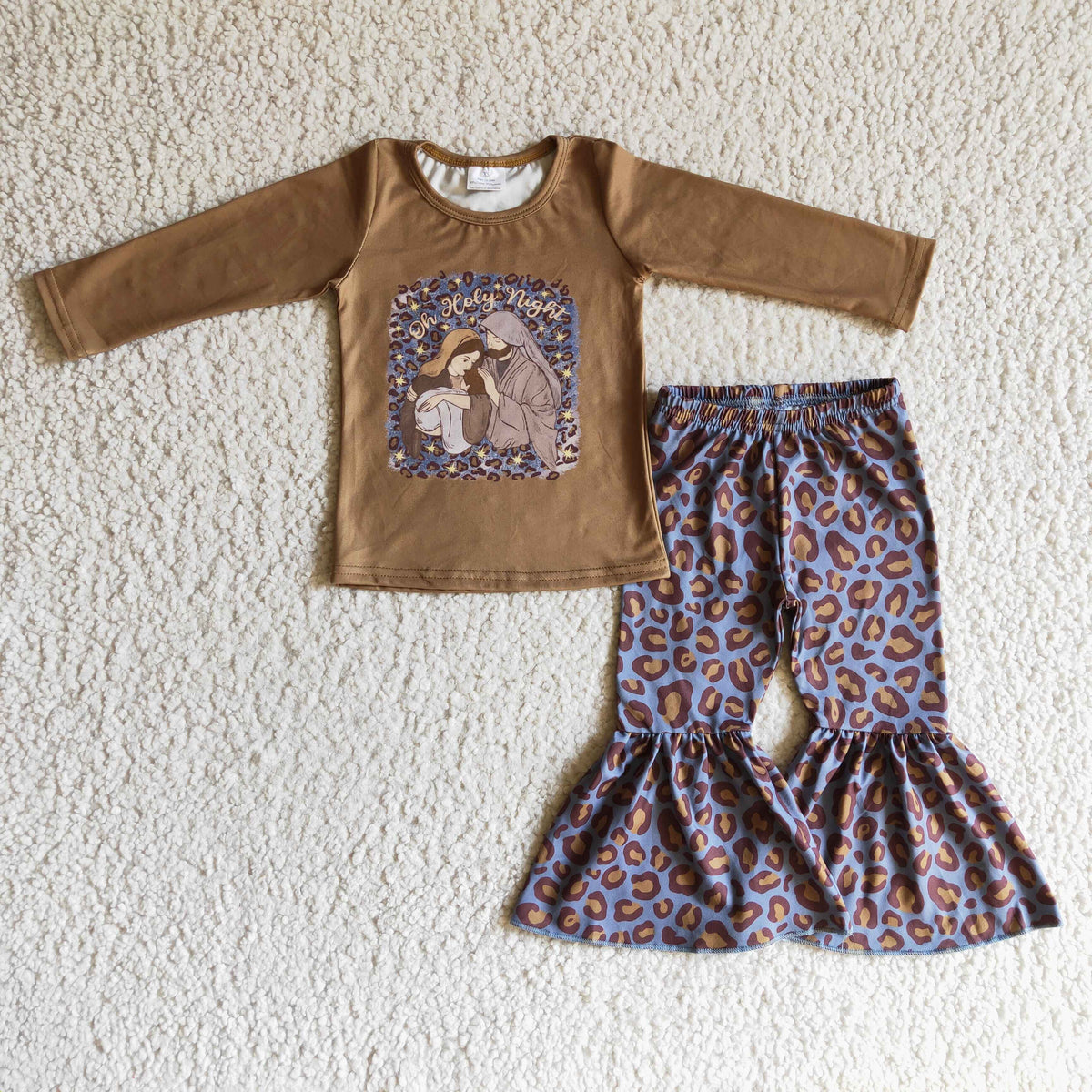 GLP0286 ON HOLY NIGHT Nativity Top Leopard Bell Pants Girls Christmas Clothes Set