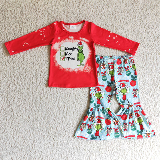 GLP0294 Green Frog Red Top Bell Pants Girls Christmas Clothes Set