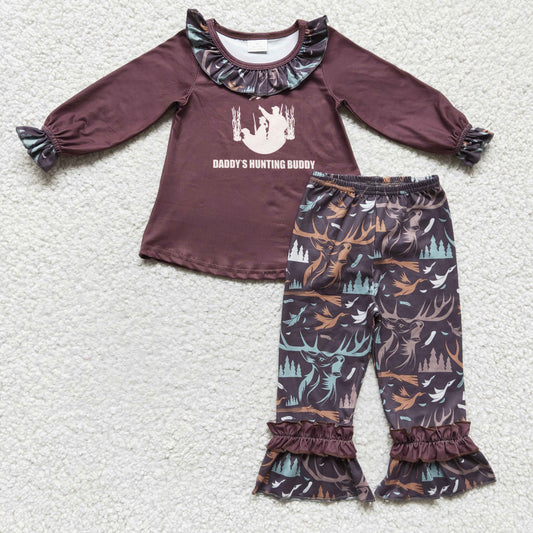 GLP0303 Daddy's Hunting Buddy Print Ruffle Pants Girls Fall Clothes Set