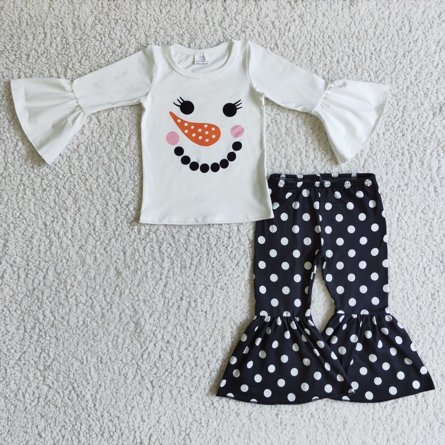GLP0304 Snowman Smiling White Top Black Dots Bell Pants Girls Christmas Clothes Set