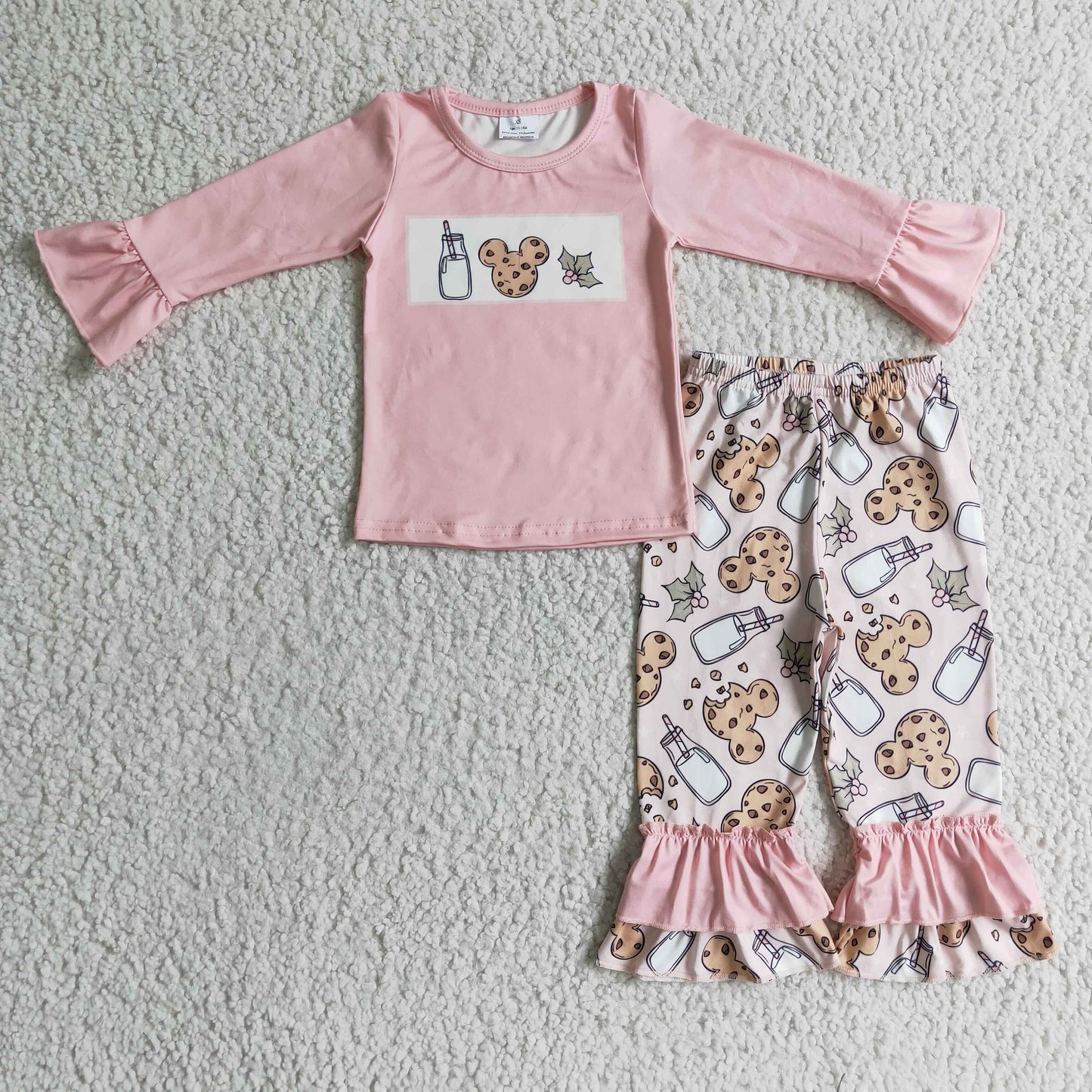 GLP0306 Milk Cartoon Mouse Cookies Holly Pink Top Bell Pants Girls Christmas Clothes Set