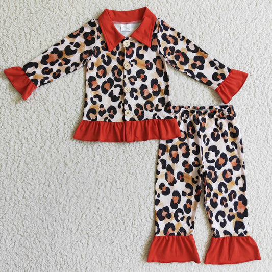 Girls orange ruffle leopard print buttons pajamas set   GLP0307