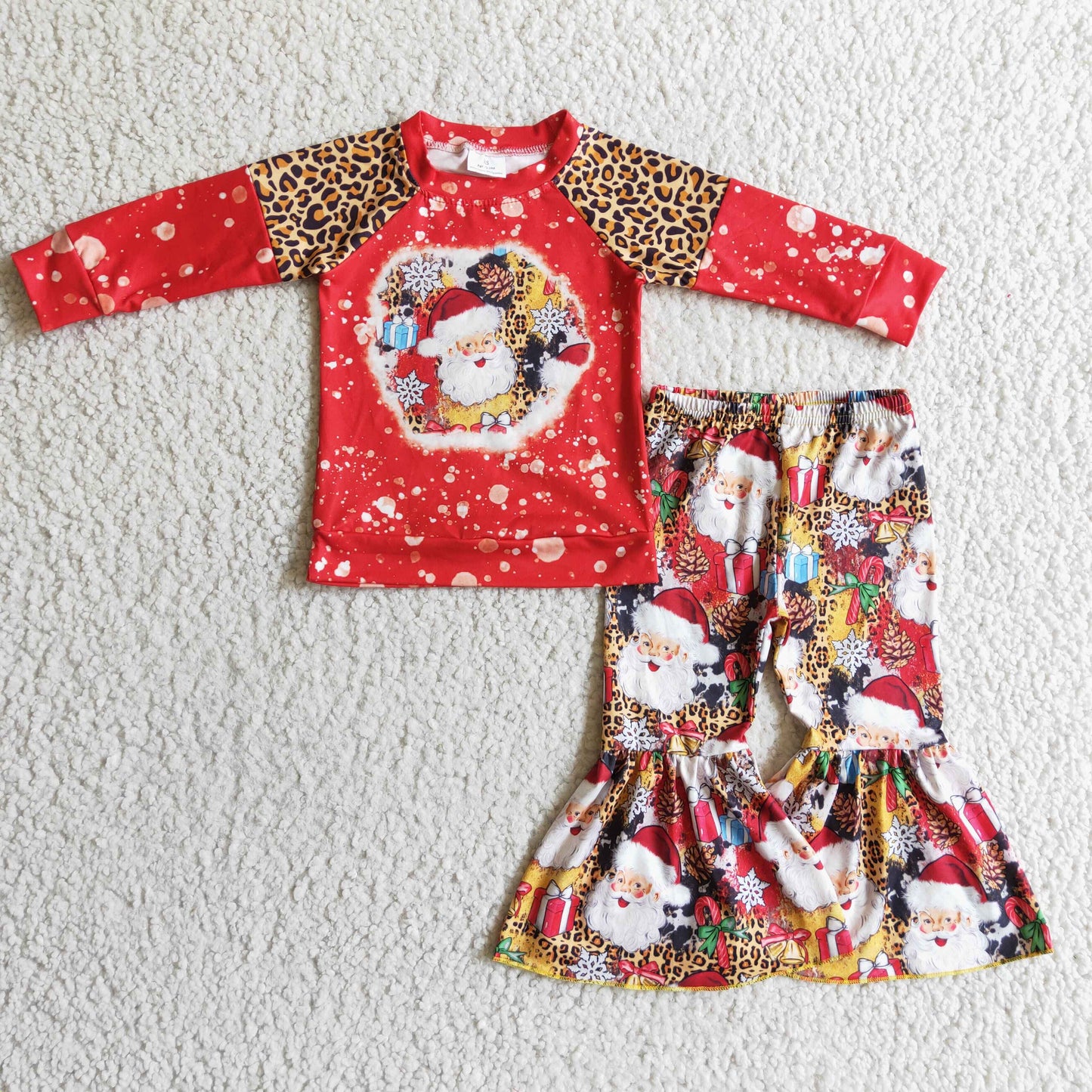 GLP0323 Santa Red Raglan Sleeve Top Bell Pants Girls Christmas Clothes Set