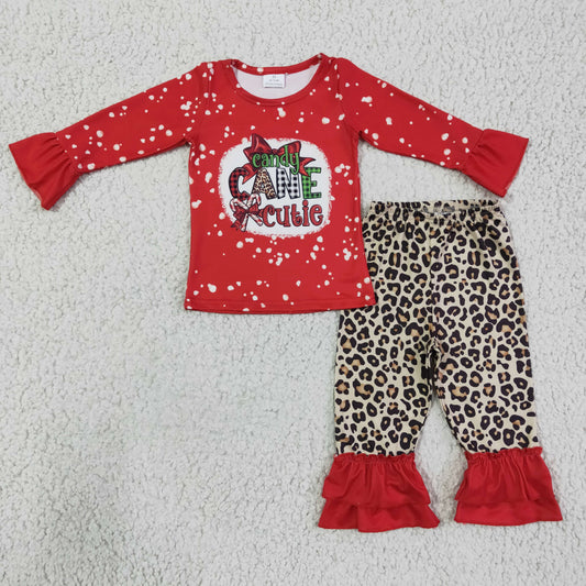 GLP0329 Candy Cane Cutie Red Top Leopard Ruffle Pants Girls Christmas Clothes Set