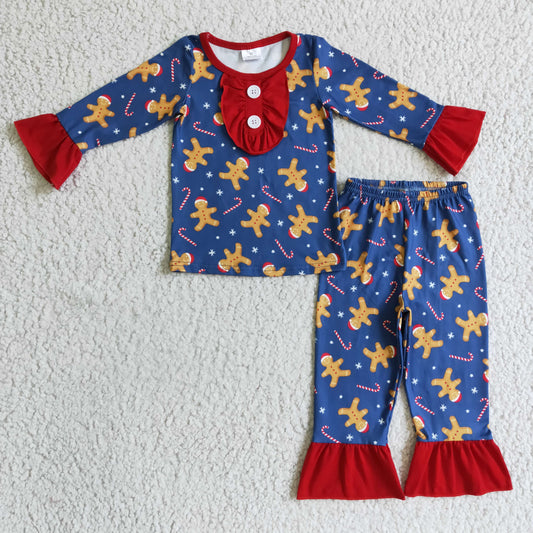 GLP0331 Gingerbread Candy Cane Print Girls Christmas Pajamas Clothes Set