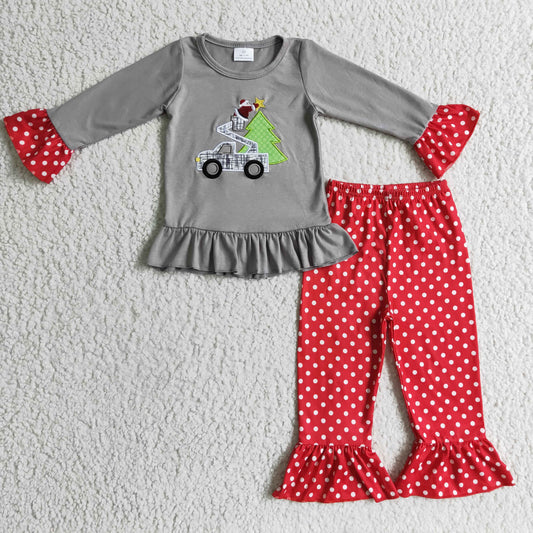 GLP0332 Truck Santa Tree Embroidery Grey Top Dots Pants Girls Christmas Clothes Set