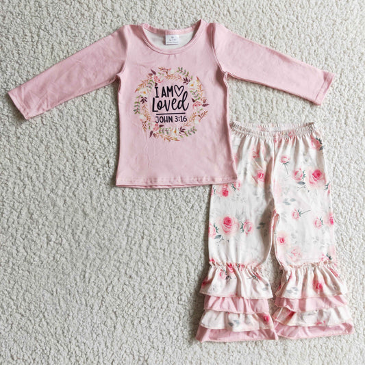 GLP0336 I AM LOVED JOHN 3:16 Pink Top Flowers Ruffle Pants Girls Clothes Set