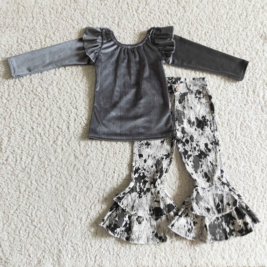 GLP0337 Grey Velvet Top Tie-dye Jeans Girls Clothes Set