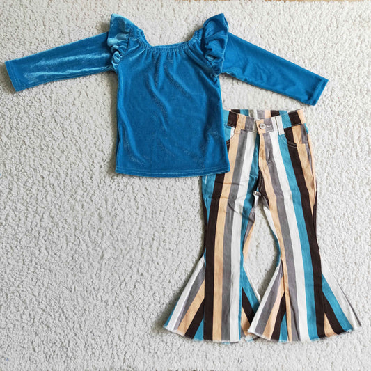 GLP0338 Blue Velvet Top Stripes Jeans Girls Clothes Set