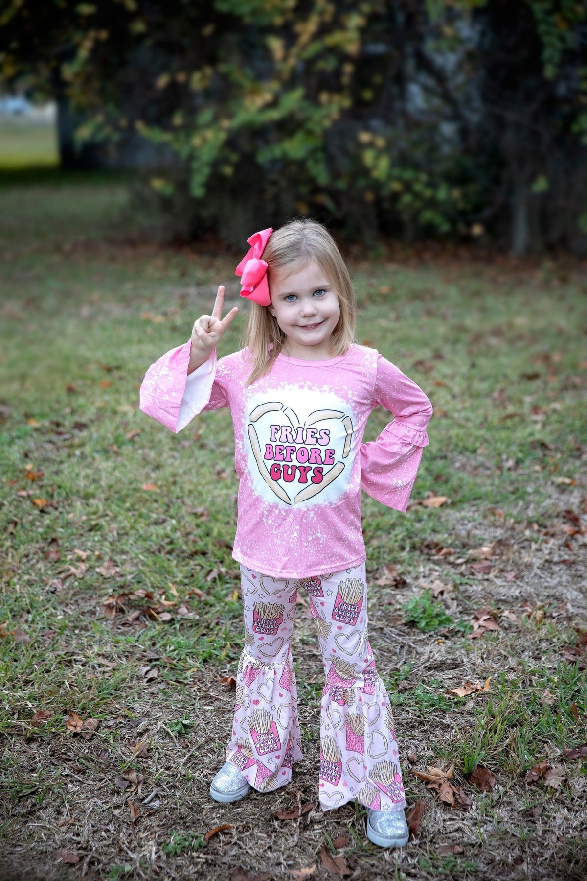 GLP0354 FRIES BEFORE GUYS Pink Top Hearts Bell Pants Girls Valentine's Day Clothes Set